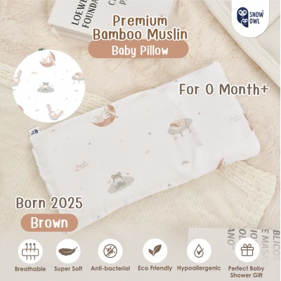 SNOW OWL BAMBOO Baby pillow หมอนเด็กพร้อมปลอกใยไผ่ - BORN IN 2025 BROWN